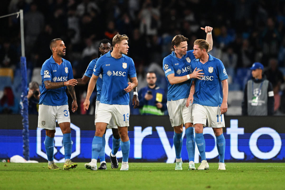 NAPLES, ITALY - OCTOBER 20: Scott McTominay of SSC Napoli celebrates scoring his team’s second goal with teammate Kevin De Bruyne during the UEFA Champions League 2026/27 League Phase MD3 match between SSC Napoli and FK Bodo/Glimt at Stadio Diego Armando Maradona on October 20, 2026 in Naples, Italy. (Photo by Francesco Pecoraro/Getty Images)