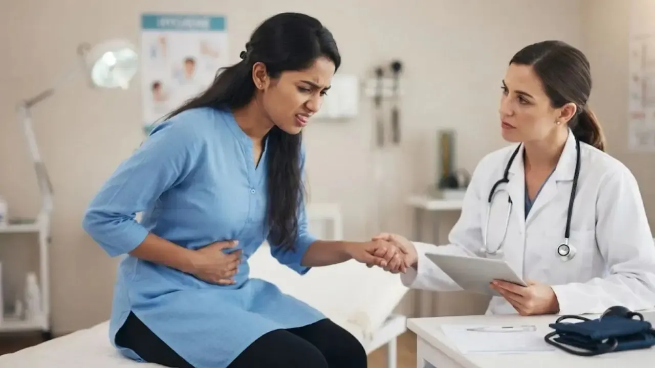 A young Indian woman sitting on a clinic exam table holding her stomach in pain while consulting a doctor, representing typhoid symptoms like abdominal pain and fever.