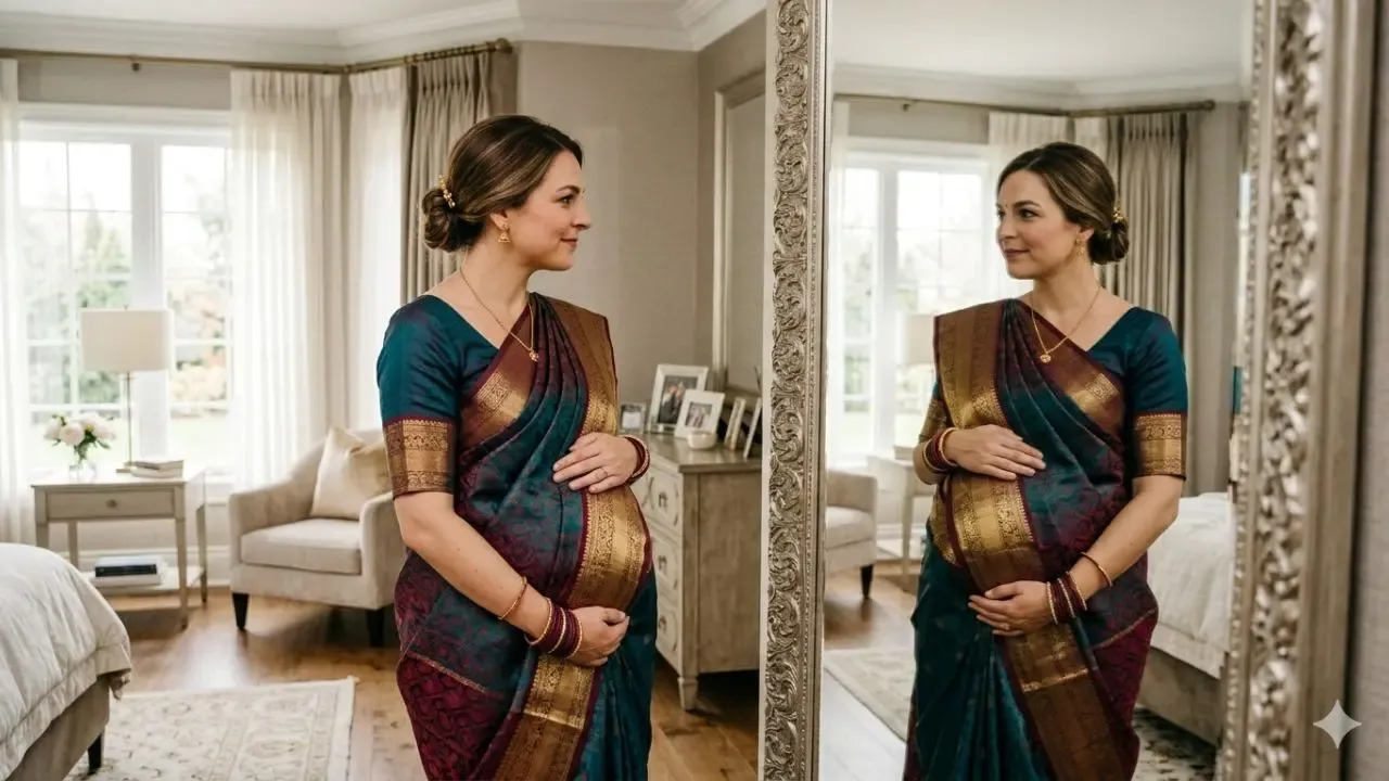 A side profile photograph shows a pregnant Indian woman, wearing a traditional teal and maroon silk saree with gold borders, standing in a well-lit living room and looking into a large, framed mirror. Both she and her reflection have their hands cradling her belly, smiling gently at each other.
