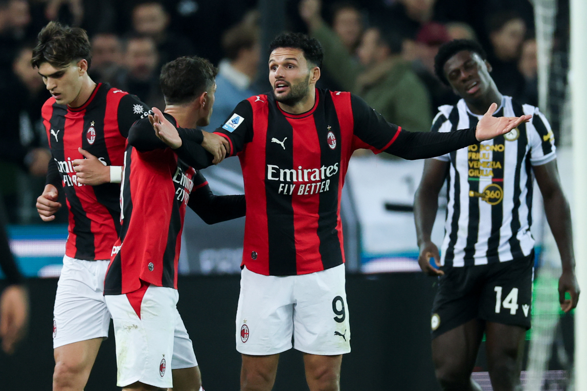 UDINE, ITALY - OCTOBER 25: Goncalo Ramos of Milan reacts during the Serie A match between Udinese Calcio and AC Milan at Stadio Friuli on October 25, 2026 in Udine, Italy. (Photo by Timothy Rogers/Getty Images)