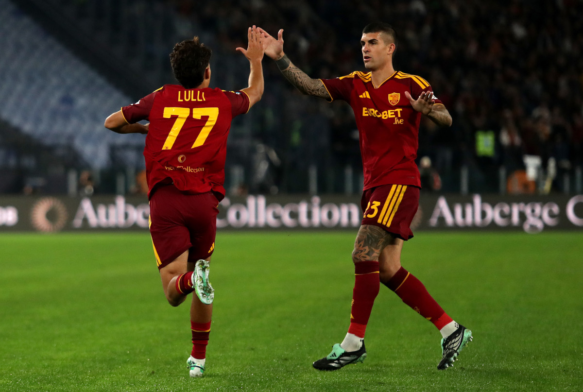 ROME, ITALY - OCTOBER 27: Emanuele Lulli of AS Roma celebrates scoring his team’s first goal with teammate Gianluca Mancini during the Serie A match between AS Roma and Cagliari Calcio at Stadio Olimpico on October 27, 2026 in Rome, Italy. (Photo by Paolo Bruno/Getty Images)