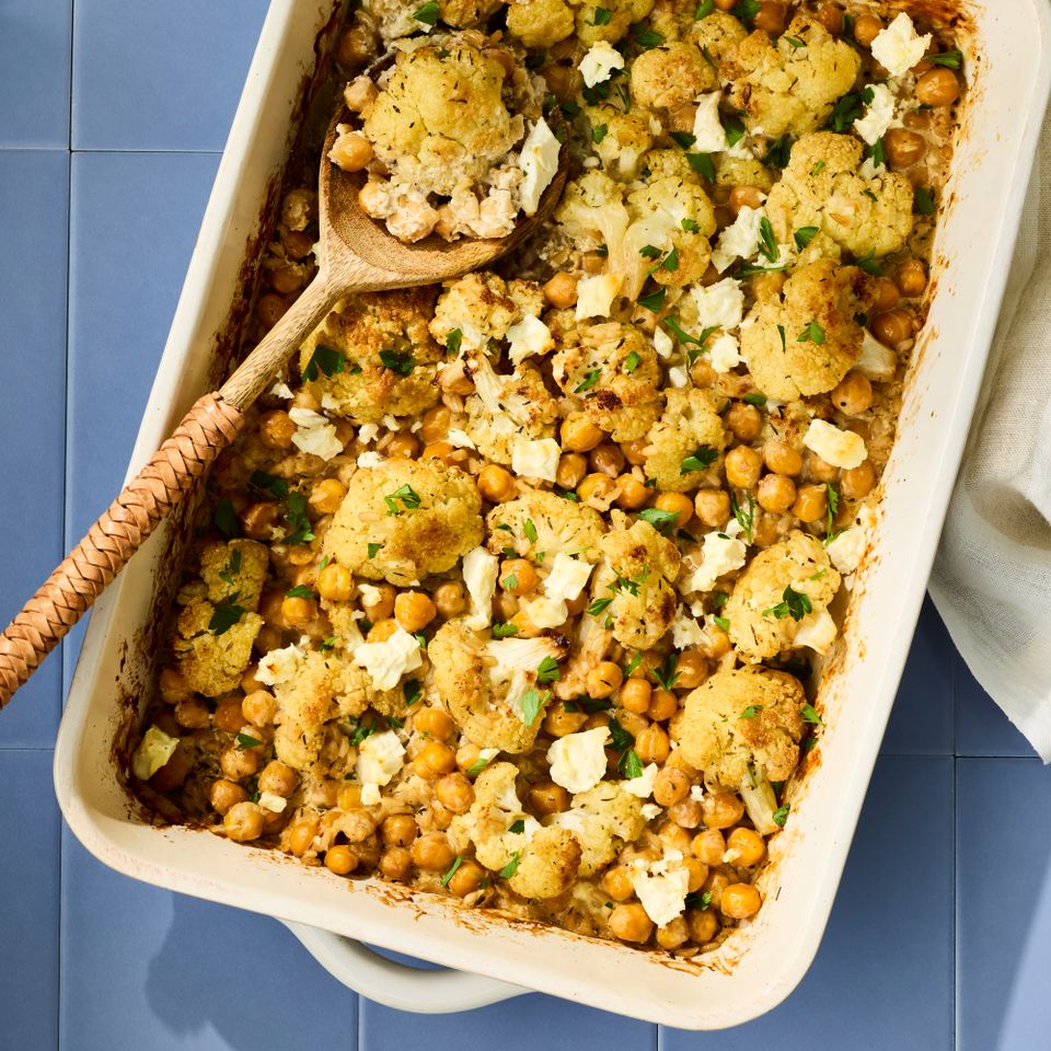 A recipe image of Chickpea Casserole with Cauliflower & Feta Credit: Photographer: Victor Protasio.