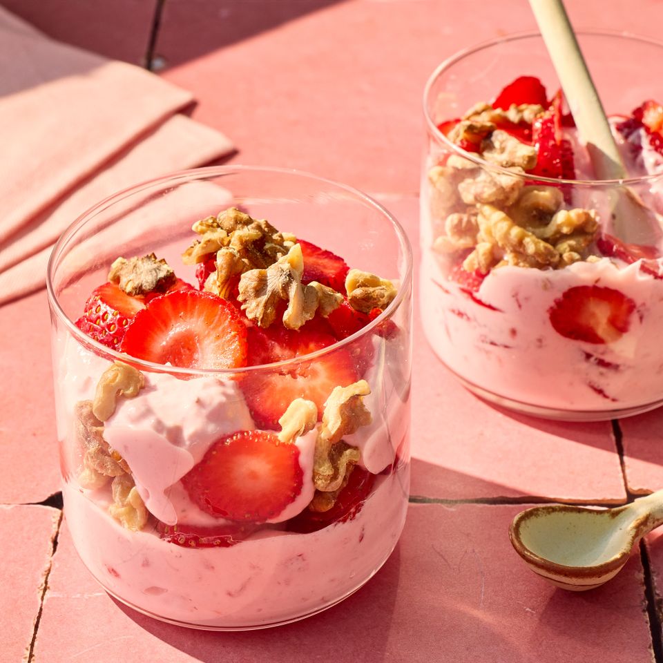 A recipe image of Strawberry-Walnut Yogurt Parfait Credit: Photographer: Carson Downing, Food Stylist: Annie Probst, Prop Stylist: Breanna Ghazali.