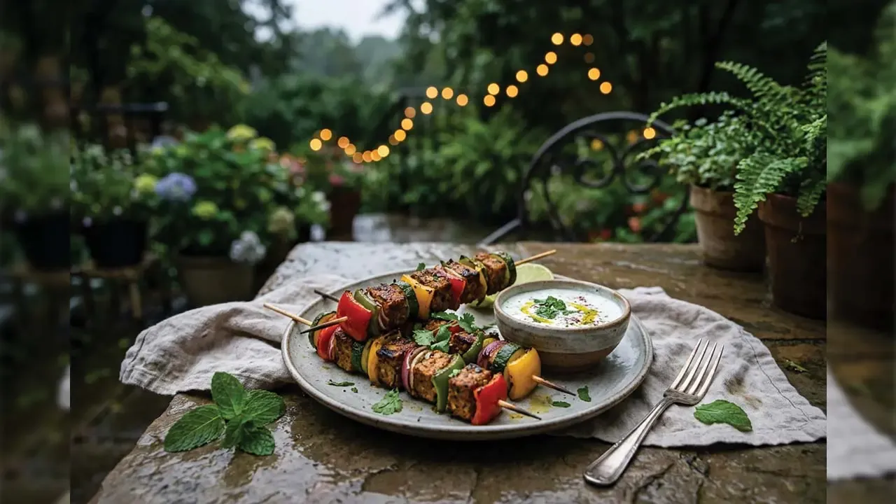 Grilled vegetable and tofu skewers served on plate with yogurt dip on outdoor rainy garden table.