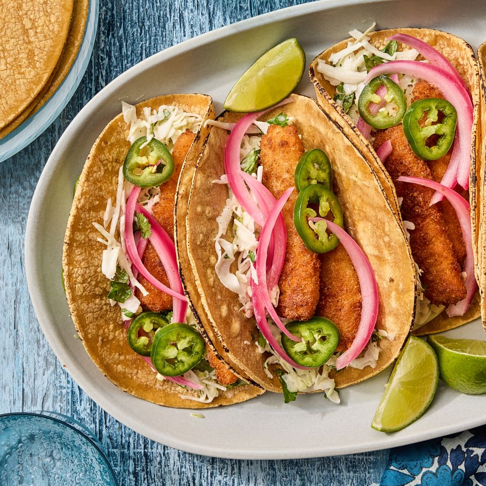 A recipe image of Fish Stick Tacos. Credit: Photographer: Fred Hardy II.