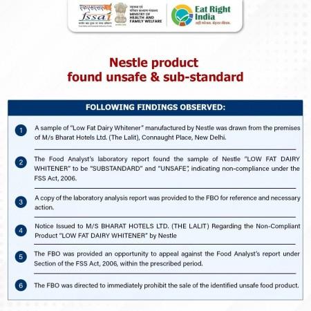FSSAI issues notice to The Lalit hotel over unsafe Nestle dairy product